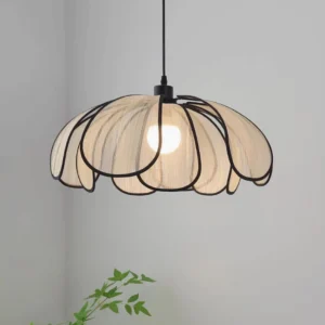 Okai modern petal pendant light with double-layer woven abaca shade and warm glowing bulb, minimalist interior styling