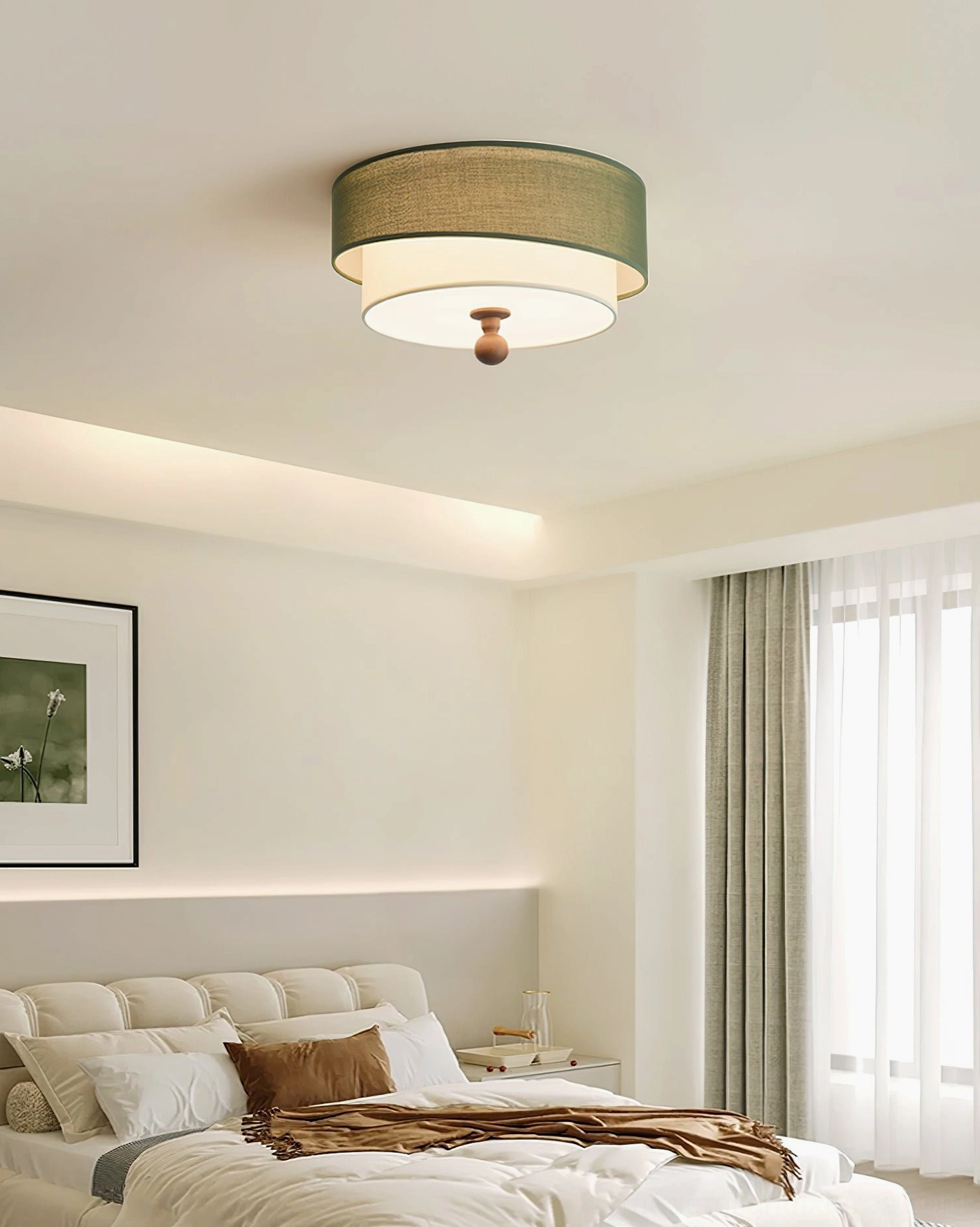 Olten damp-rated ceiling lamp in master bedroom - wide-angle interior view with minimalist modern decor and tufted bed