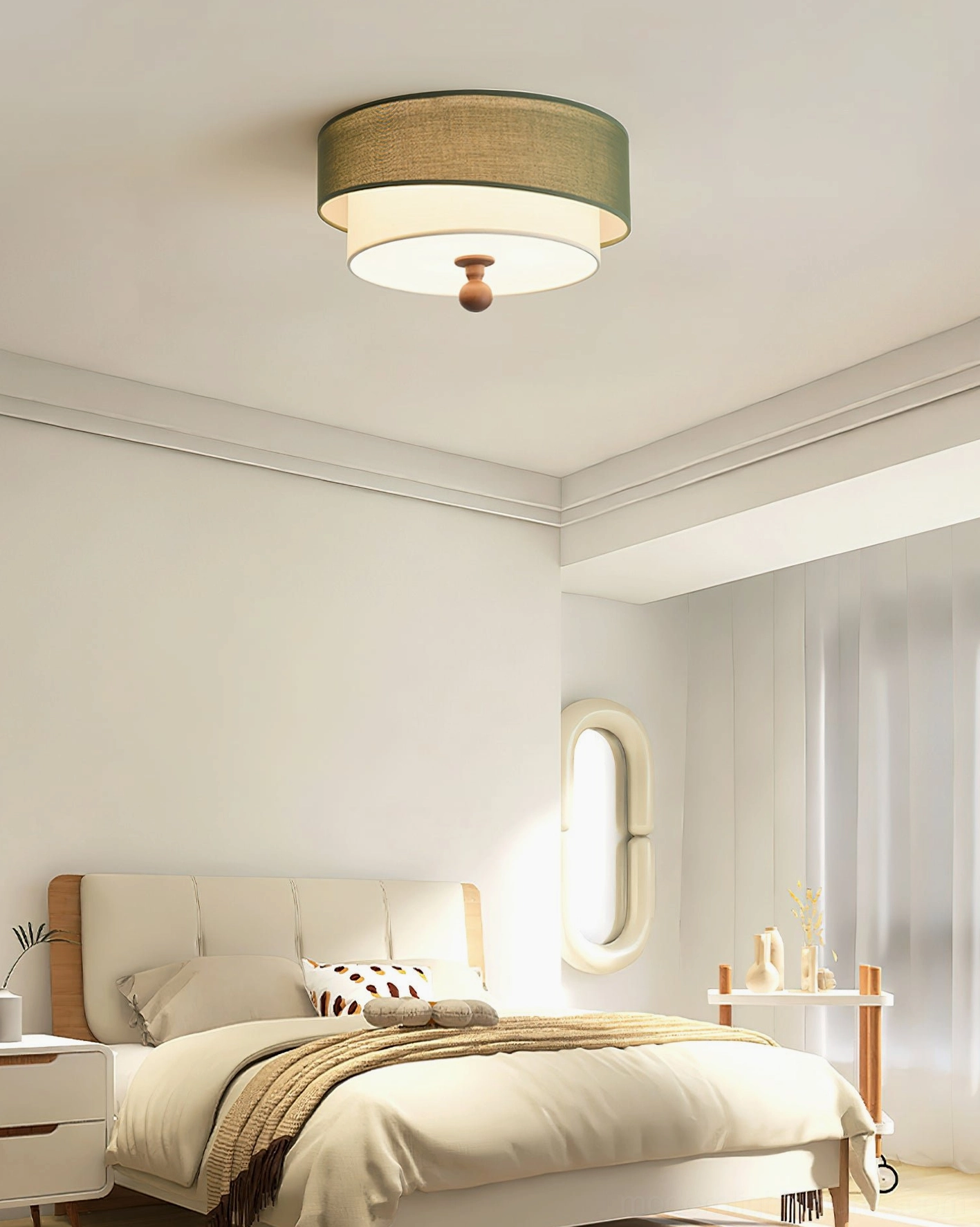 Olten two-tier ceiling lamp with wooden finial - bedroom with arched window showing light olive fabric shade detail