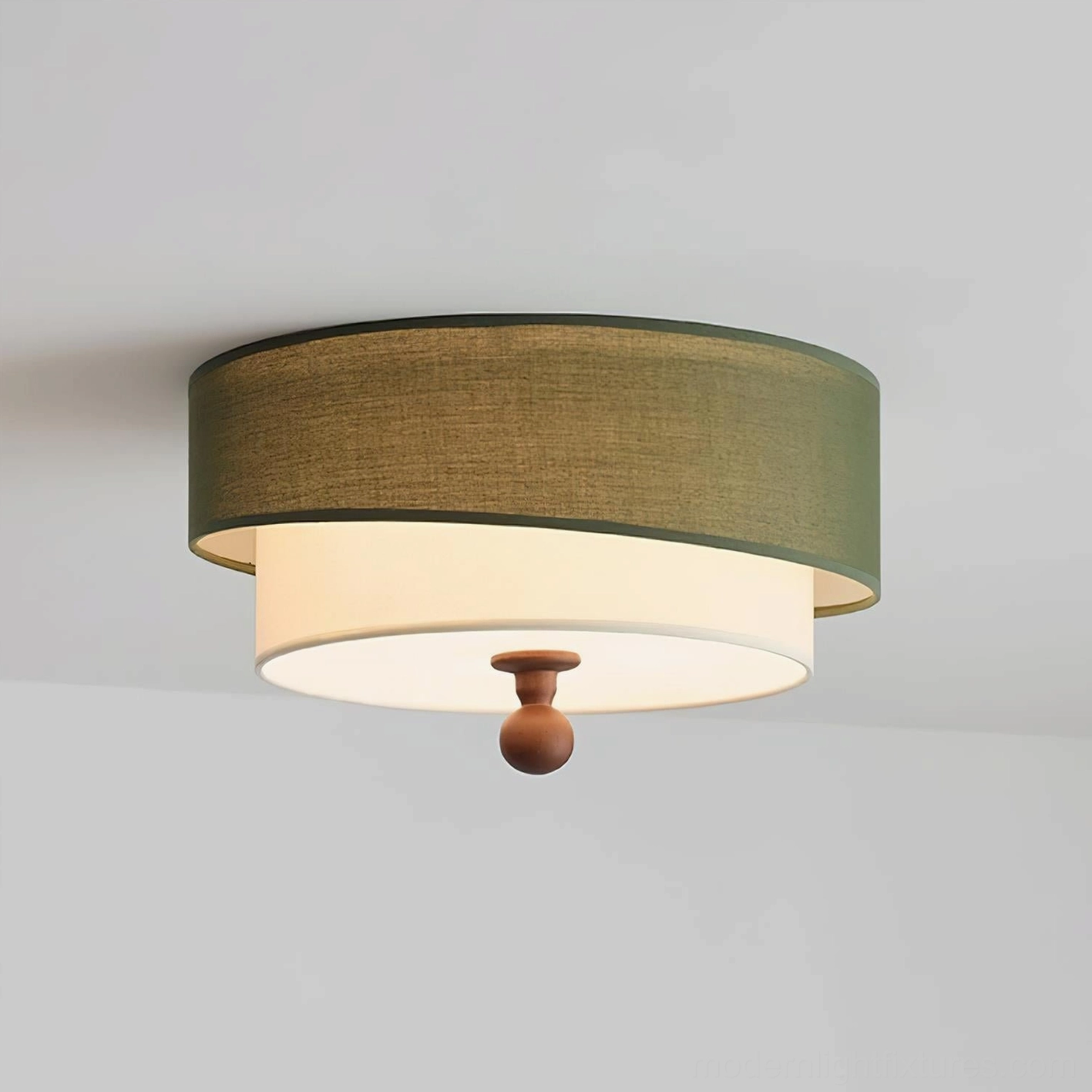 Olten modern dimmable ceiling light fixture - two-tier fabric shade with wooden canopy assembly details