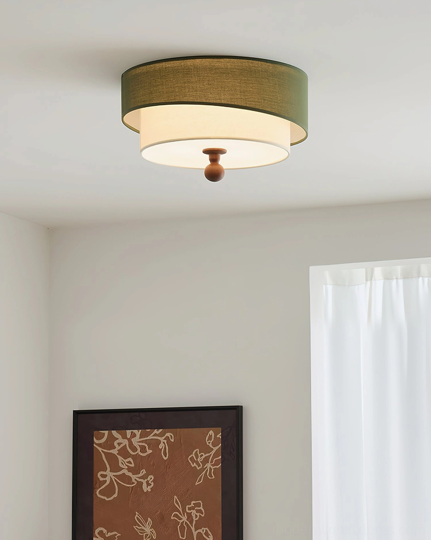 Olten modern ceiling light fixture installed in bedroom - low-angle view showing light green fabric shade with warm ambient lighting