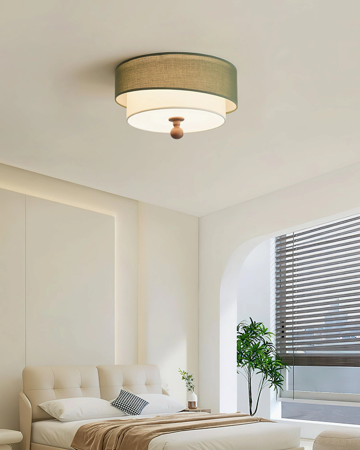 Olten modern ceiling light fixture - minimalist bedroom interior with arched window and potted plant styling