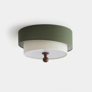 Olten modern two-tier fabric drum ceiling light fixture - front product view with olive green outer shade and white inner layer