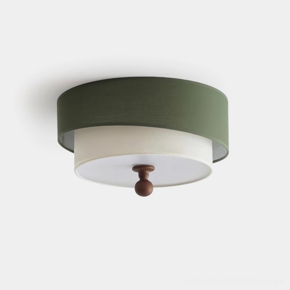 Olten modern two-tier fabric drum ceiling light fixture - front product view with olive green outer shade and white inner layer