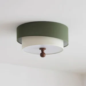 Olten dual-layer fabric ceiling lamp - top-down detail showing dark green fabric shade and wooden finial accent