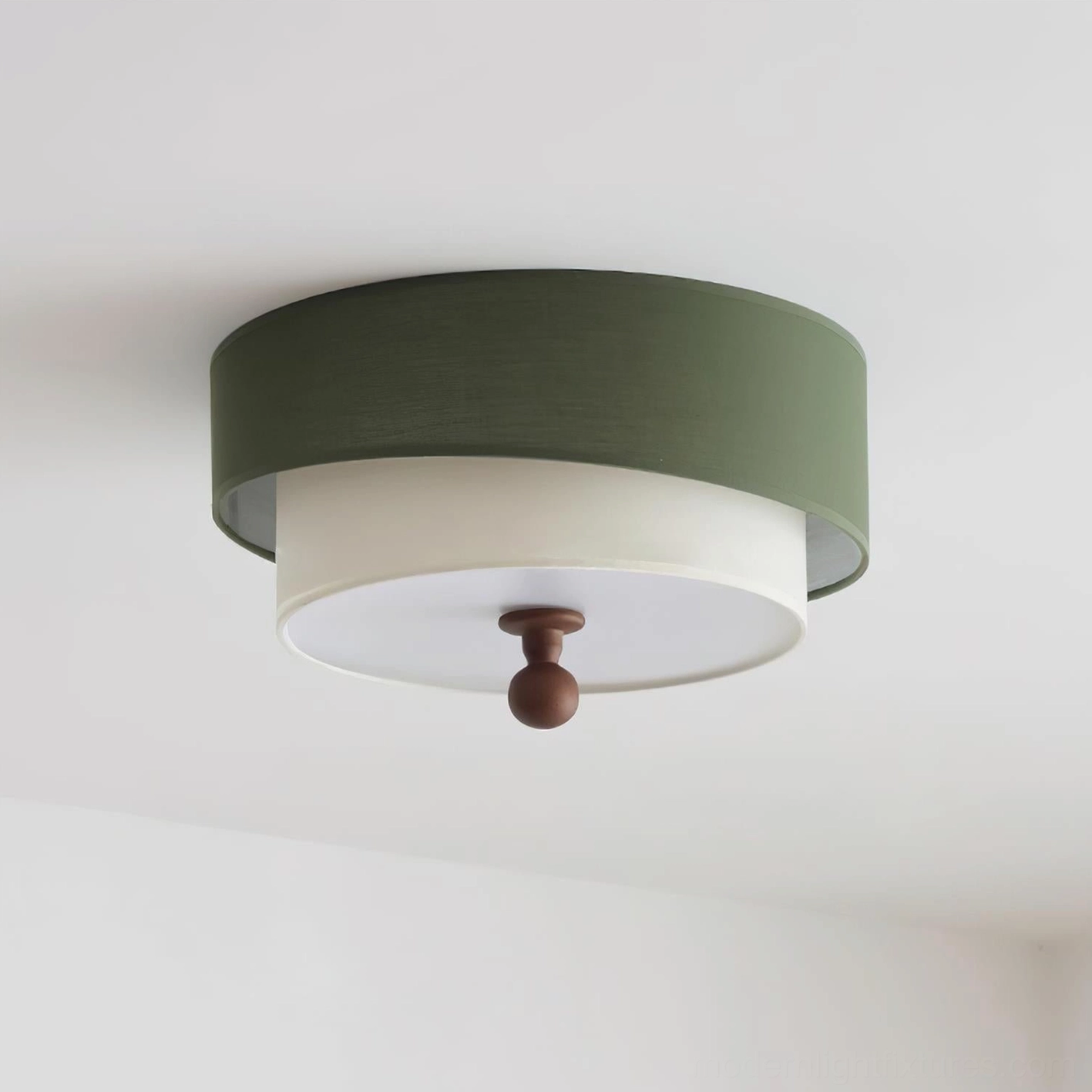 Olten dual-layer fabric ceiling lamp - top-down detail showing dark green fabric shade and wooden finial accent