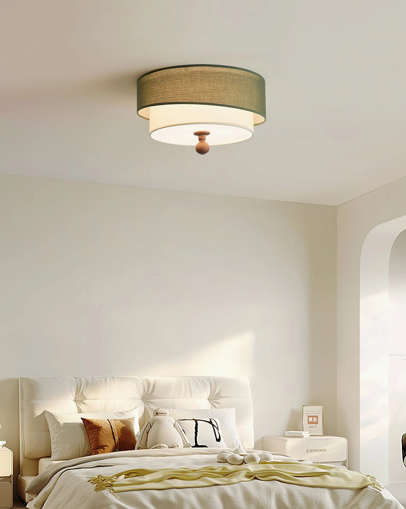 Olten fabric drum ceiling light in cozy master bedroom - warm neutral lighting creating comfortable bedroom ambiance
