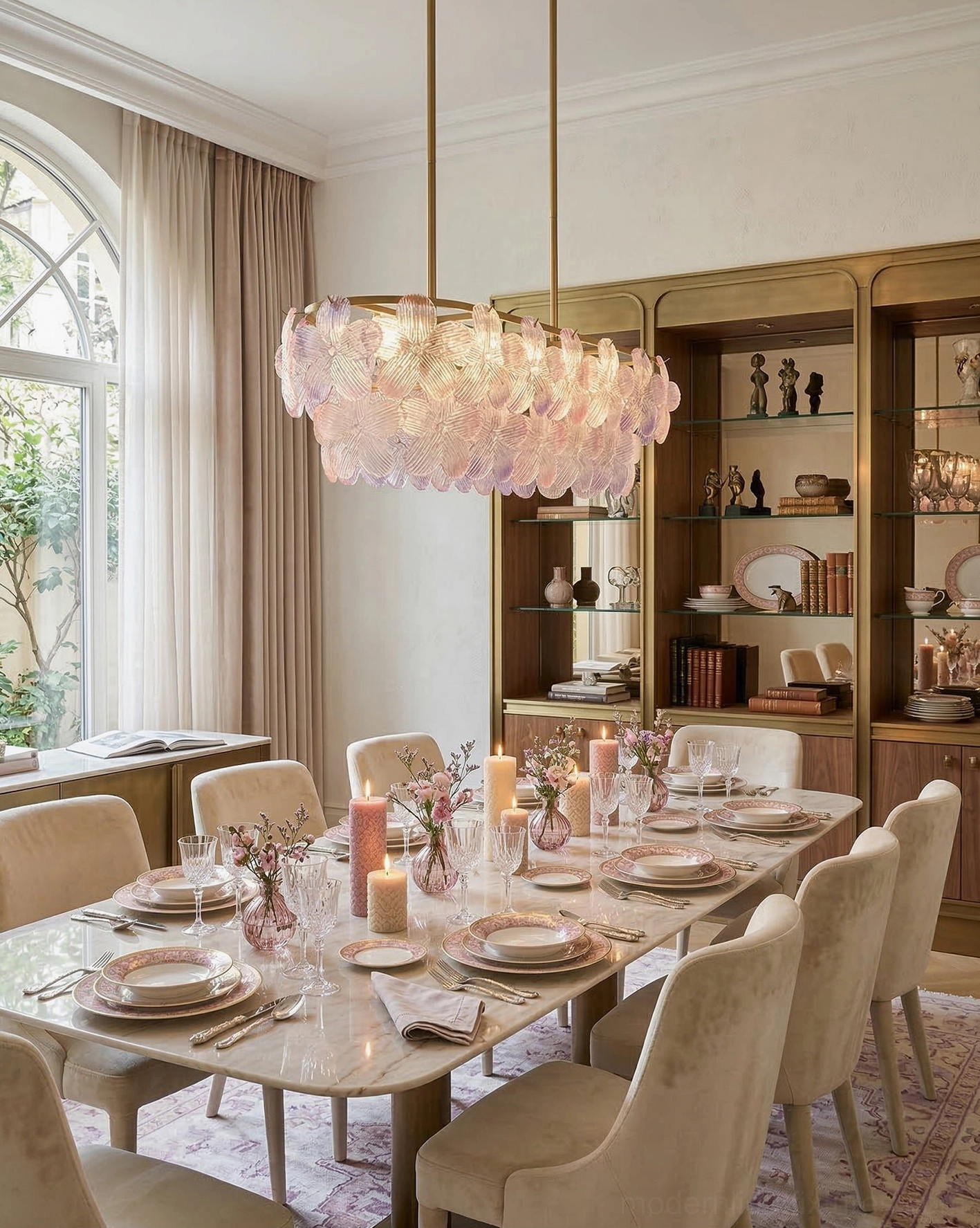 Ombre pink floral glass chandelier in formal dining room with beige chairs and glass cabinet