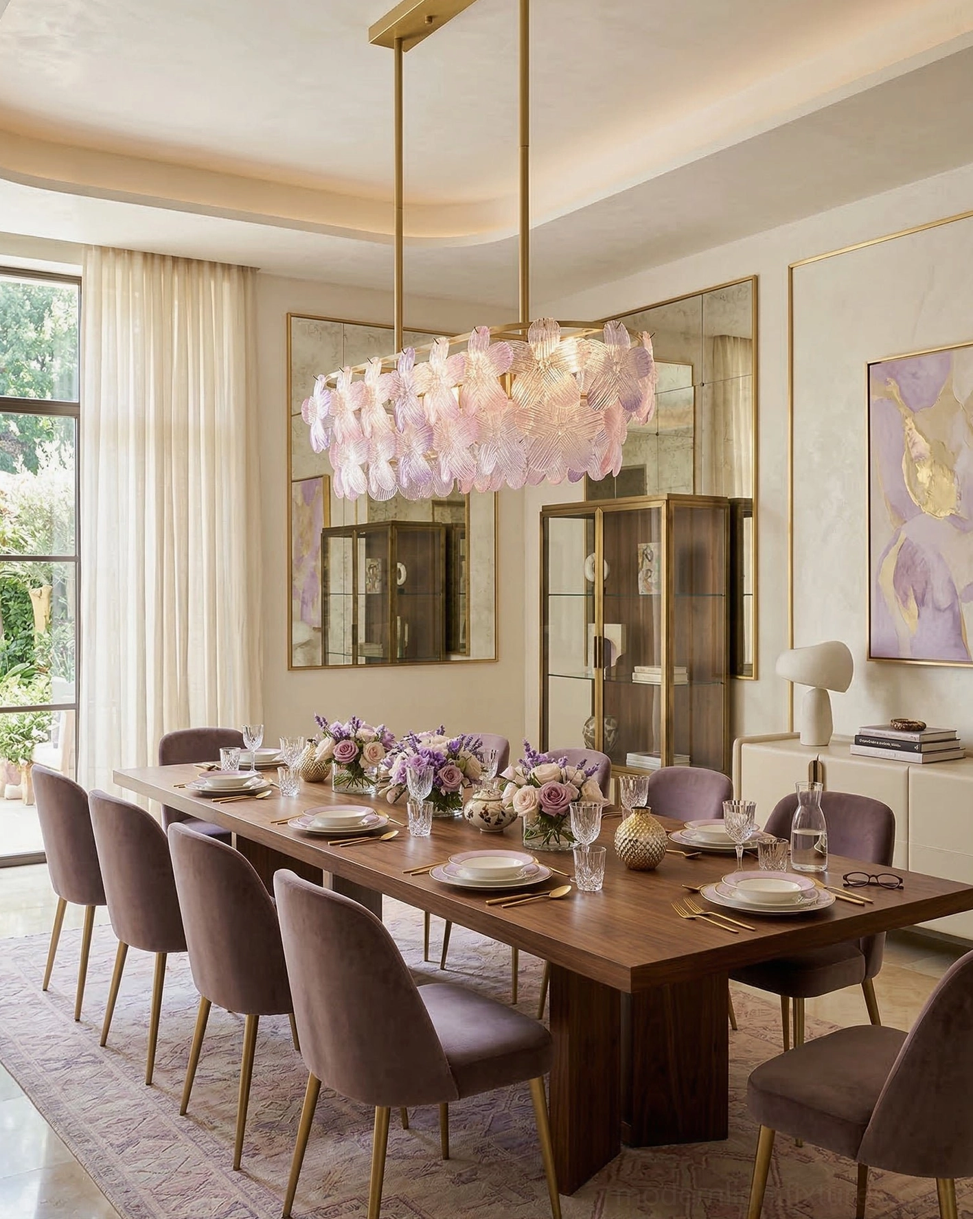 Ombre pink floral glass chandelier in long dining room with mirrored feature wall and taupe chairs