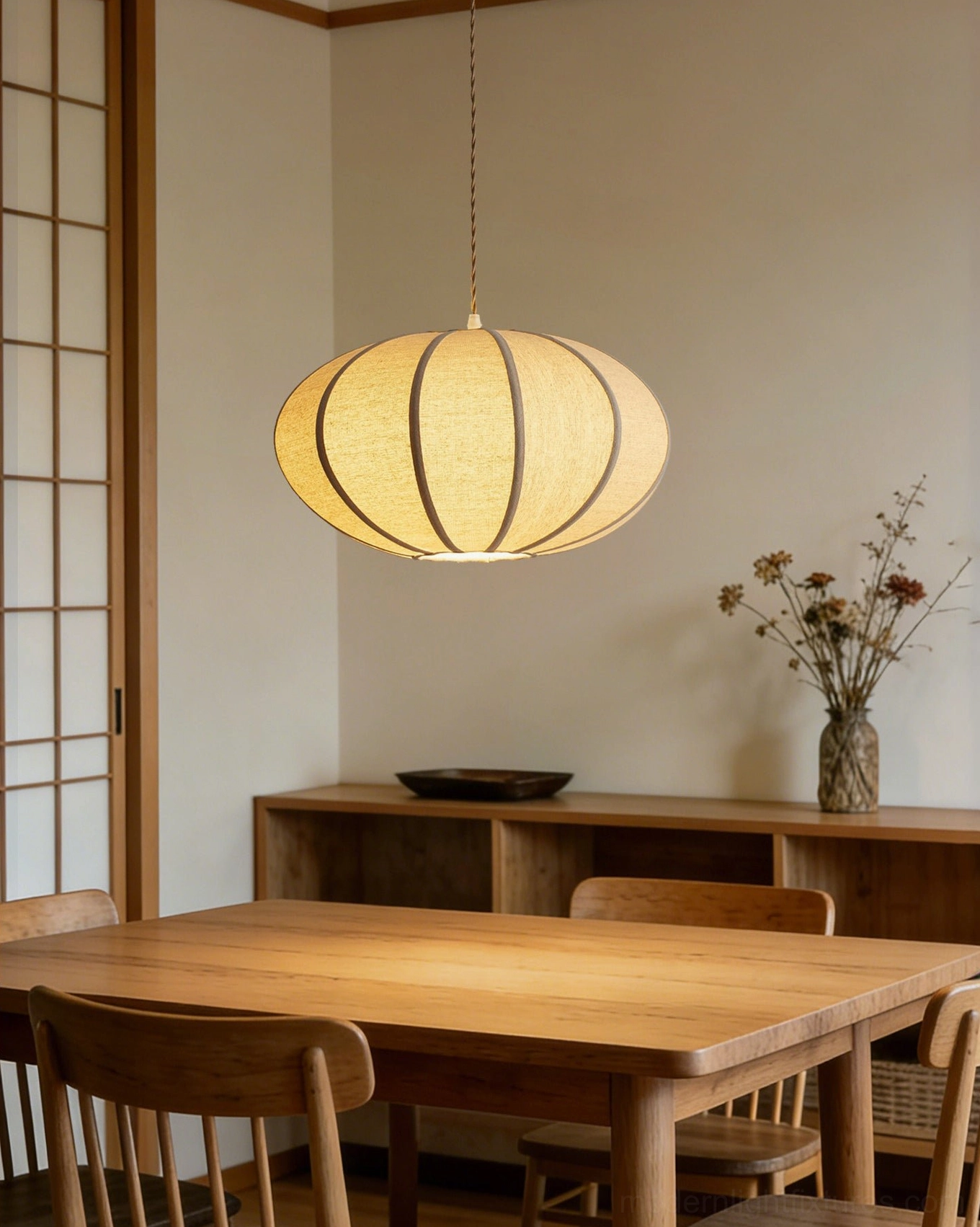 Single Omra pendant lamp with illuminated linen shade and dark dividing trims above residential dining table with wooden furniture
