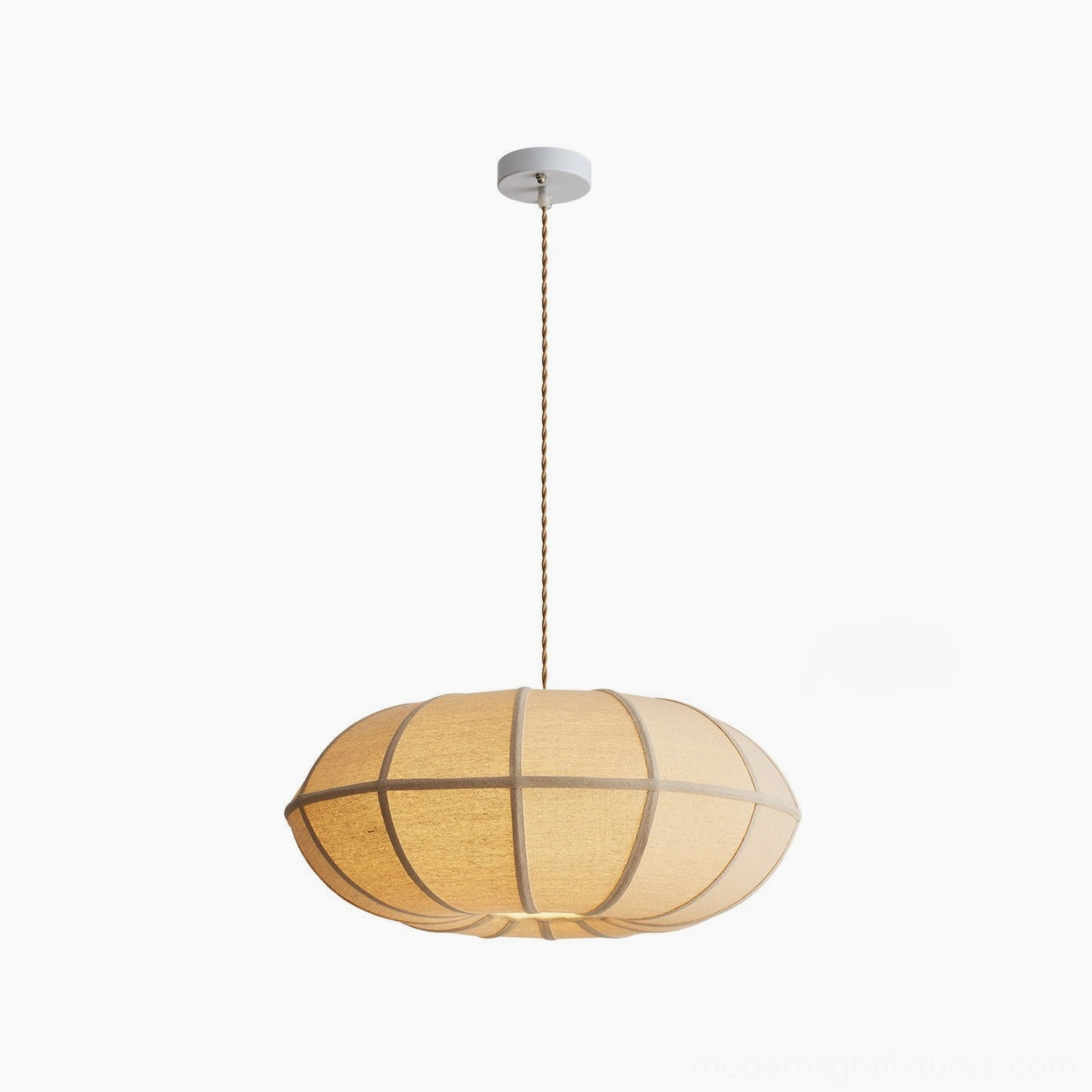 Omra fabric pendant light frontal view on white background, detailed segmented linen shade with full dark dividing trims, lantern silhouette