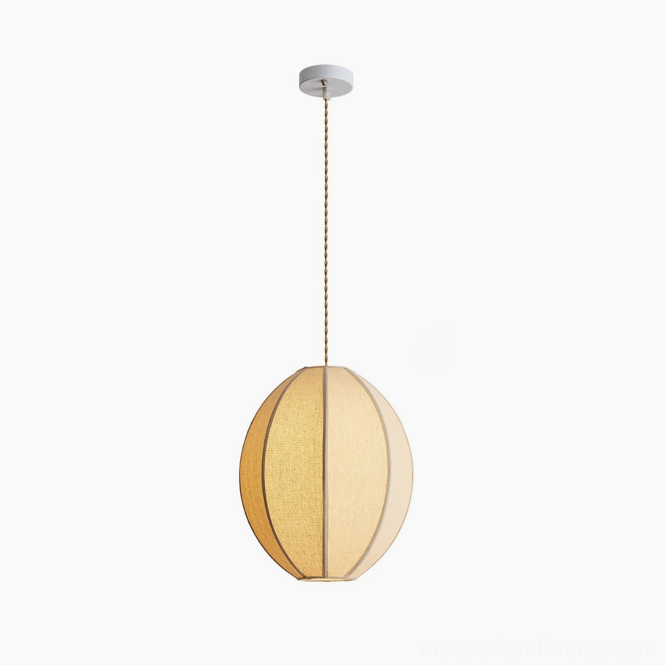 Omra minimalist fabric pendant light frontal flat shot on white background, simple design with subtle dark segmented trims