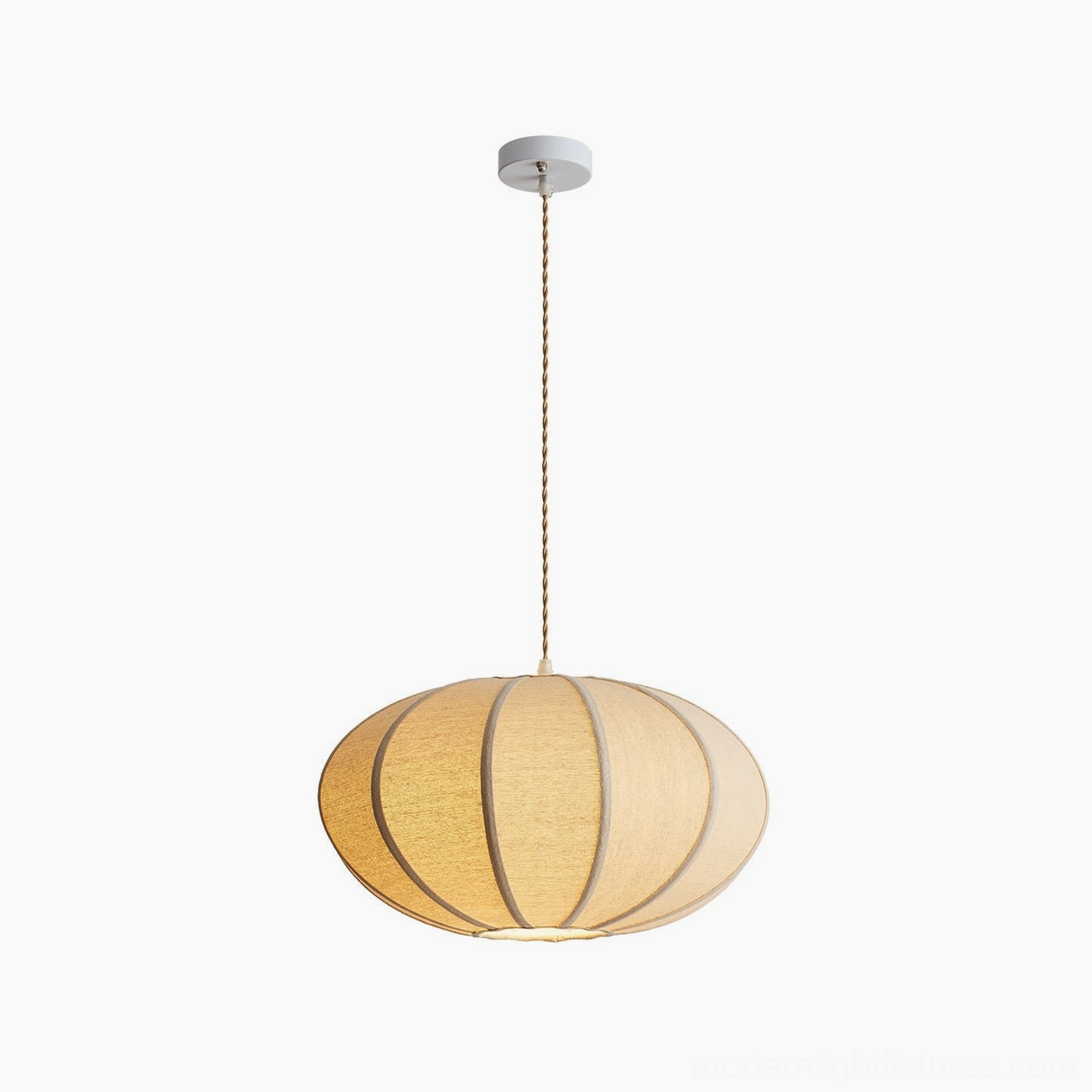 Omra oval fabric pendant lamp frontal studio shot on white background, rounded lantern shape with moderate dark seam trims