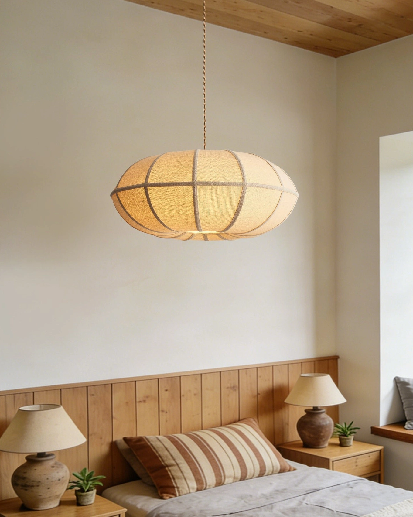 Omra fabric pendant light in master bedroom wabi-sabi style interior, beige linen shade matching warm neutral bedroom decor