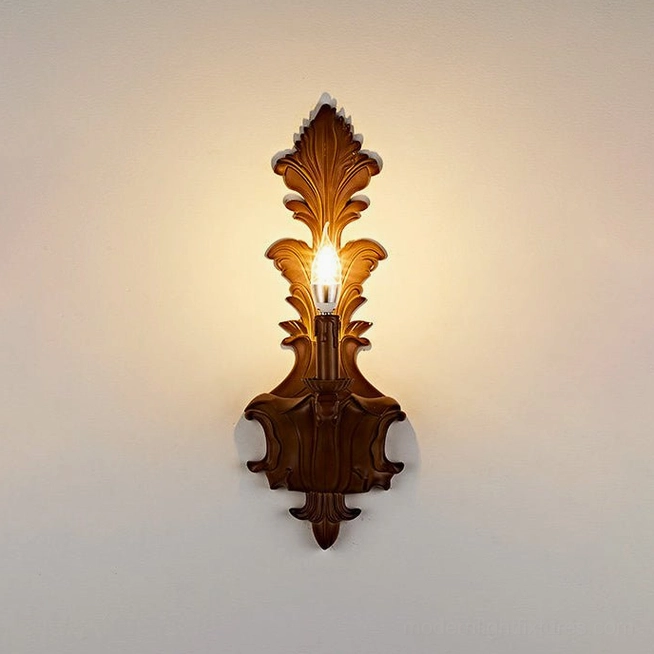 One-light carved acanthus wall sconce in faux-wood finish, single flame-tip arm configuration