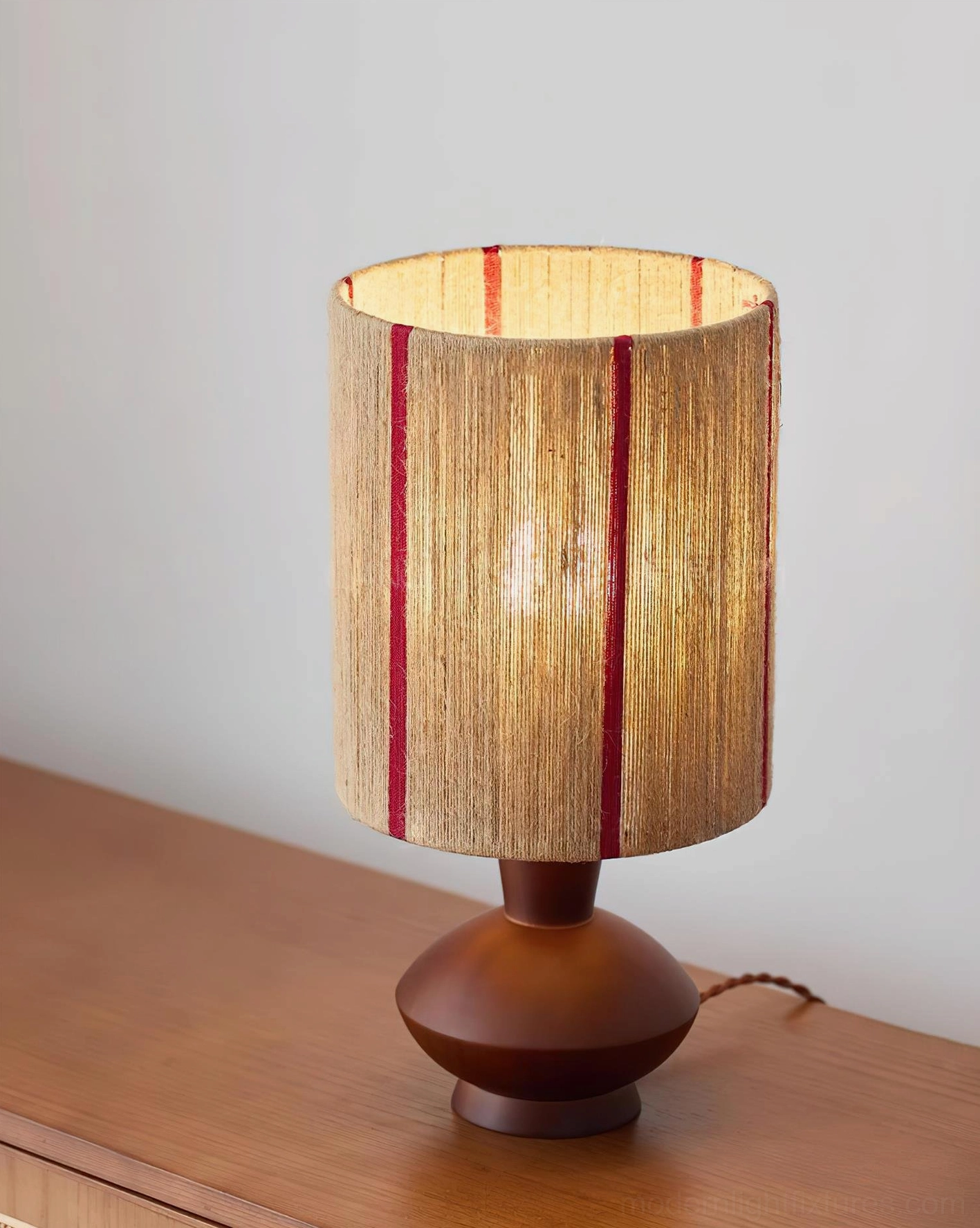 Onslow hand-wrapped hemp rope table lamp with crimson accents, contemporary minimalist fixture