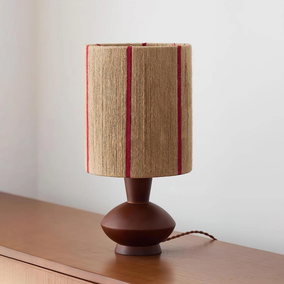 Onslow accent lamp with burlap hemp rope shade and crimson vertical stripes, full front studio view