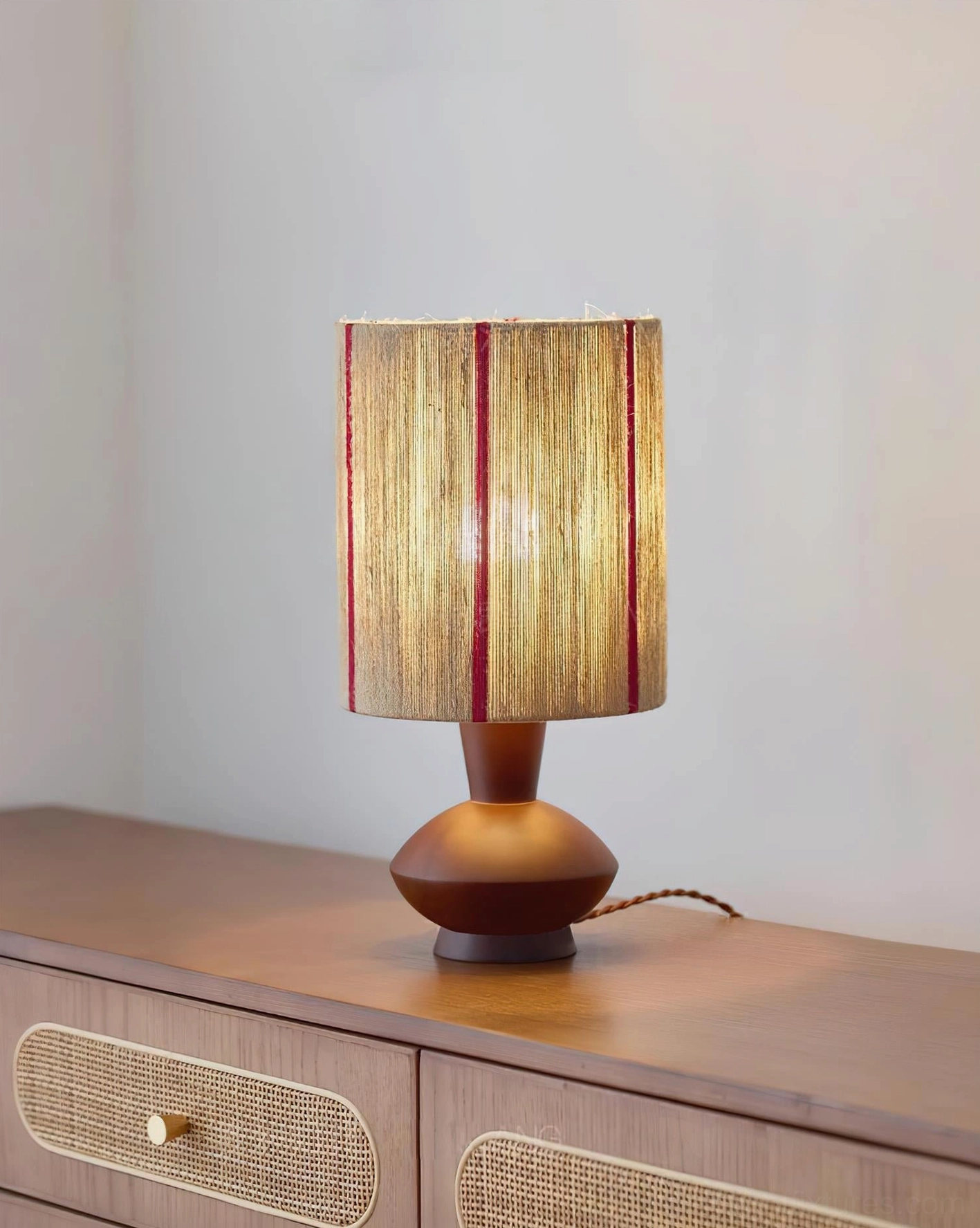 Onslow table lamp with walnut base and hand-wrapped shade, Japanese design aesthetic lighting
