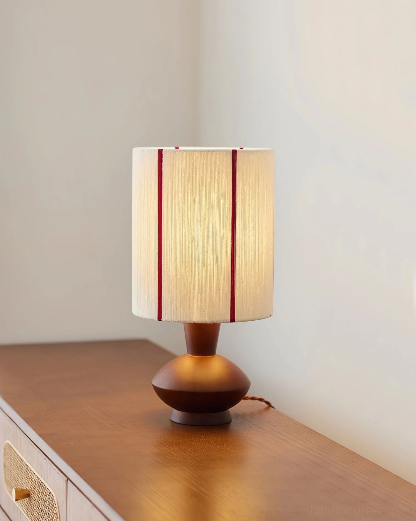 Onslow minimal table lamp on wooden dresser with woven drawer fronts, bedroom ambient accent