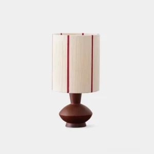 Onslow hand-wrapped hemp rope table lamp with crimson stripes and walnut wood base, front view on white background