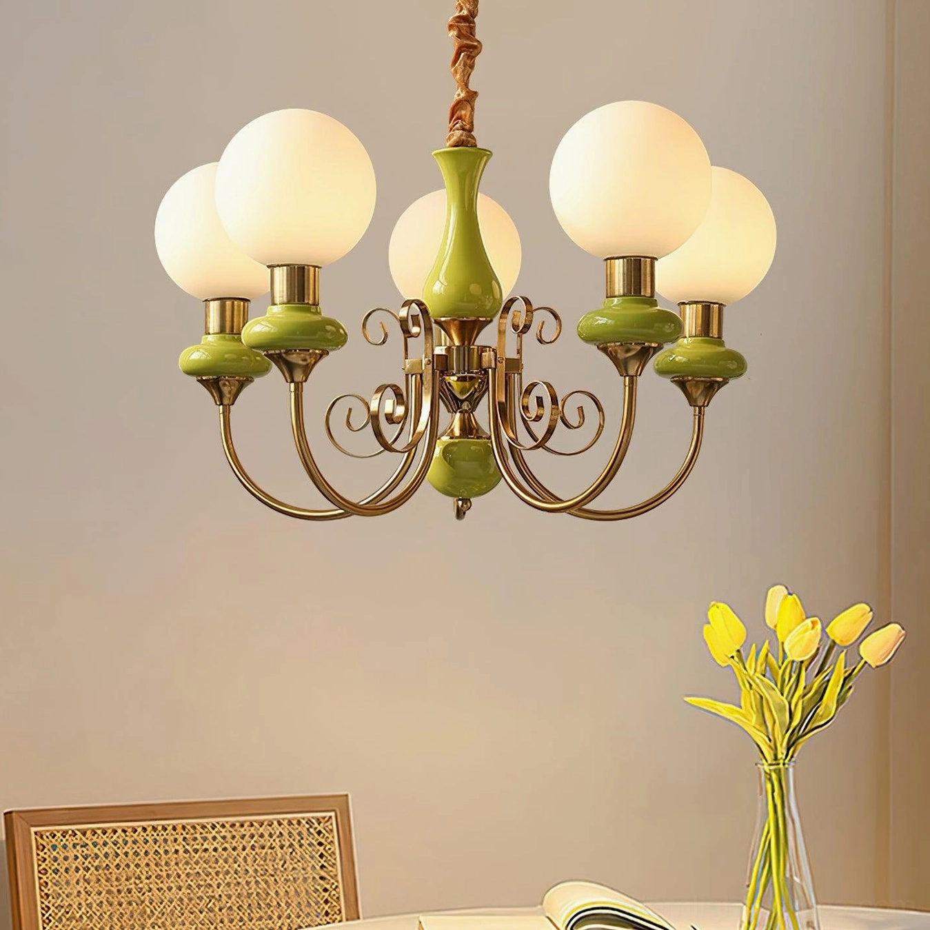 Onyx modern chandelier in studio lighting, white frosted glass with gold frame