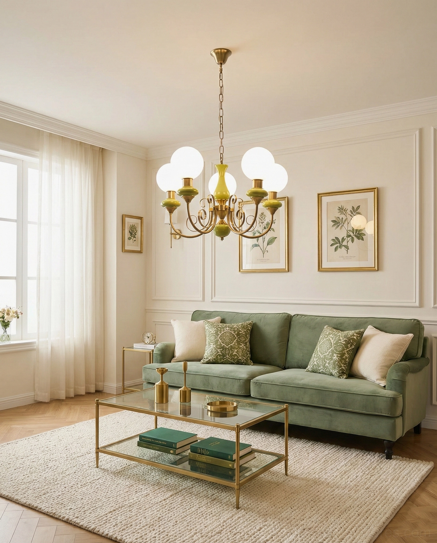 Onyx modern chandelier with milky white glass spheres and gold swirl arms, ceiling mounted