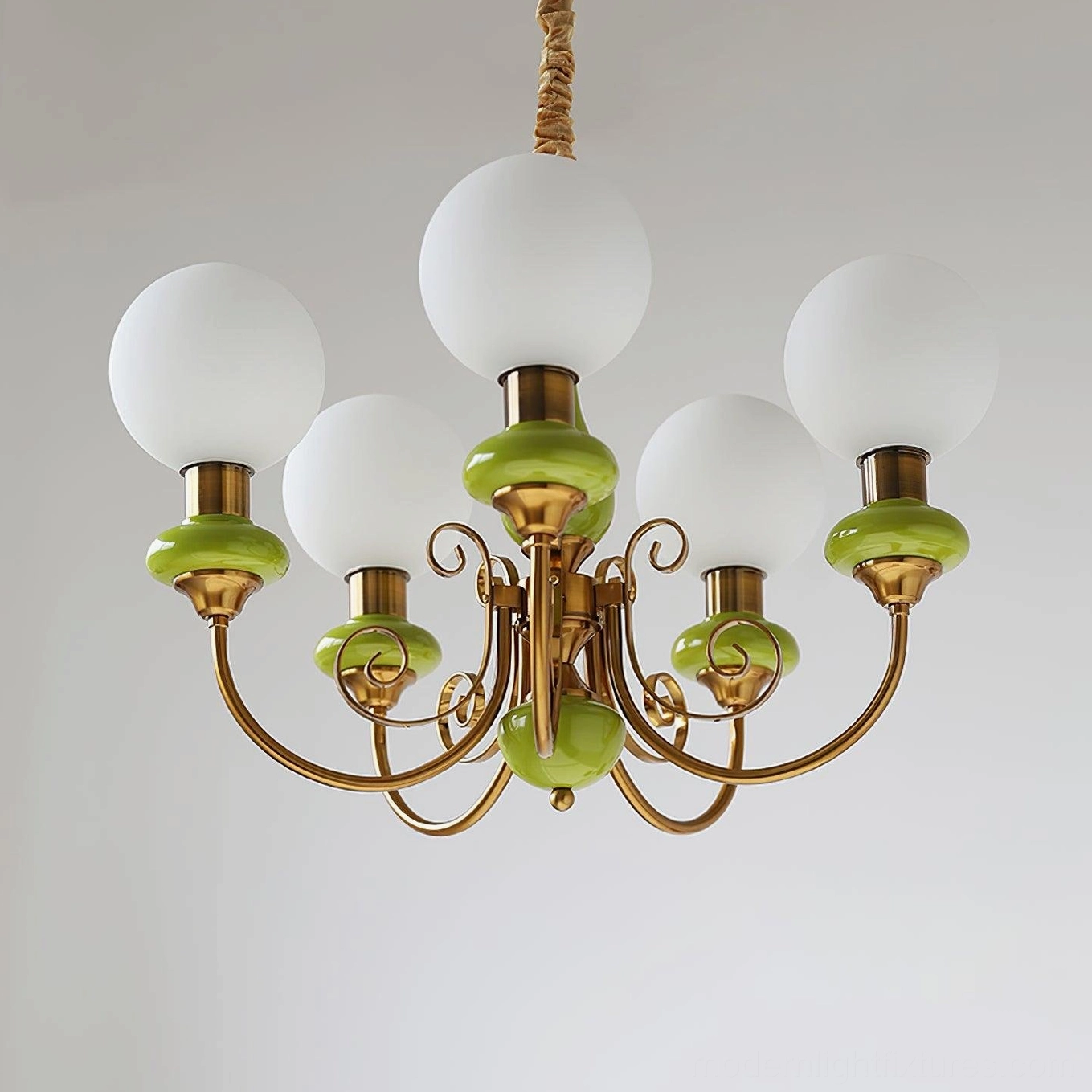 Onyx retro chandelier with twisted suspension cord, country style lighting fixture front angle