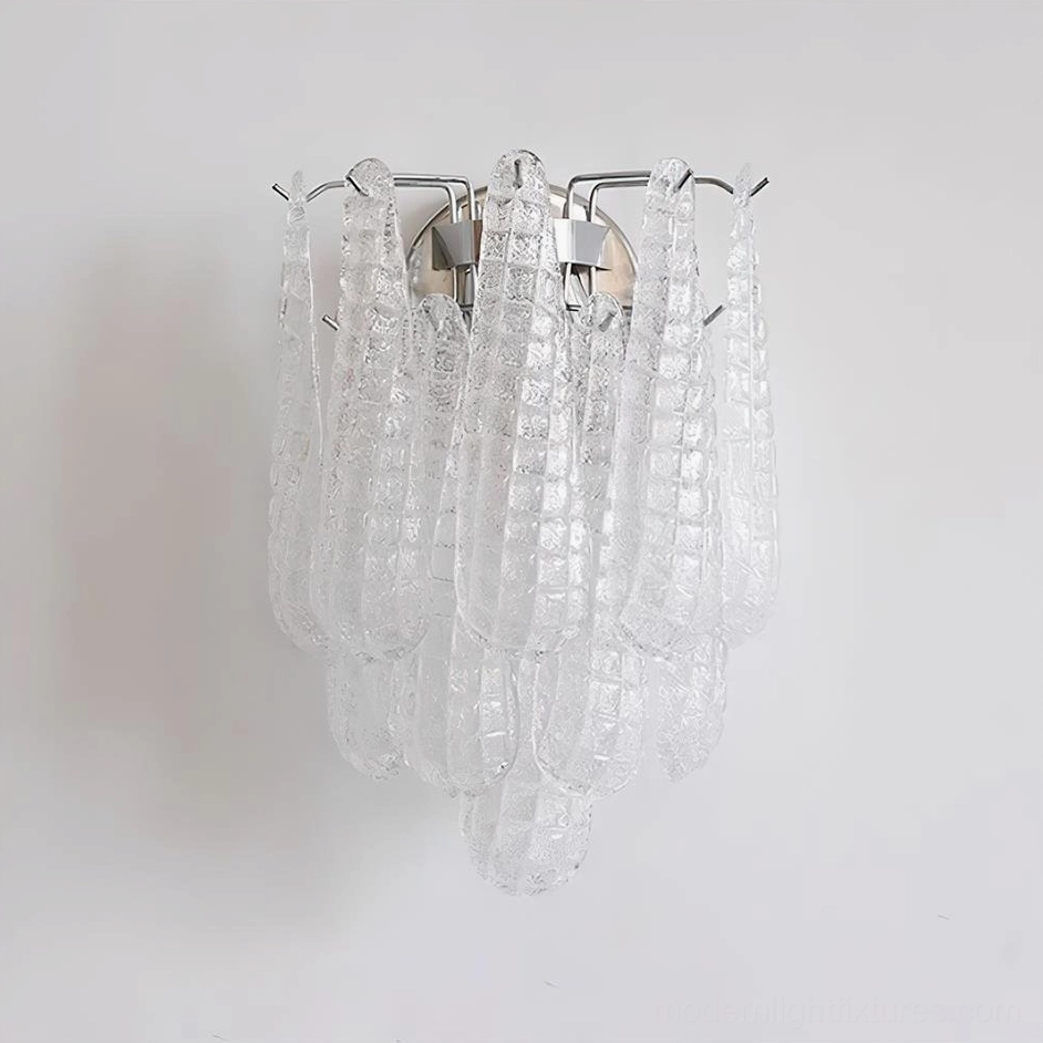 Opaque finish Murano glass wall sconce with chrome mount accent and teardrop glass cascade