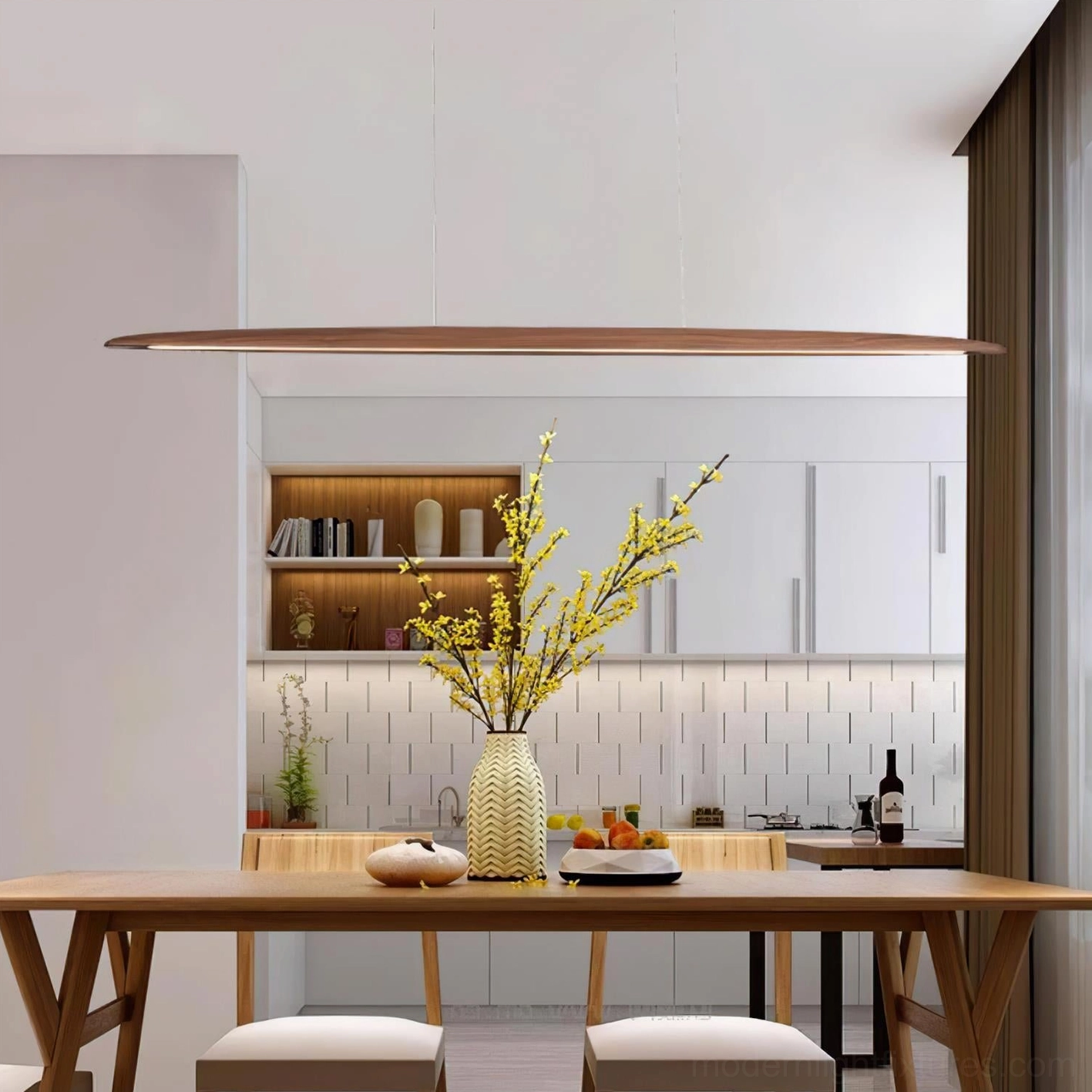 Open concept kitchen dining area with modern linear LED wood chandelier - contemporary home lighting