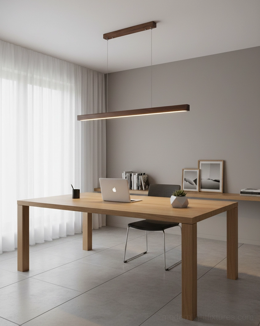 Linear pendant chandelier installed in open concept kitchen island space with modern aesthetic and ambient illumination