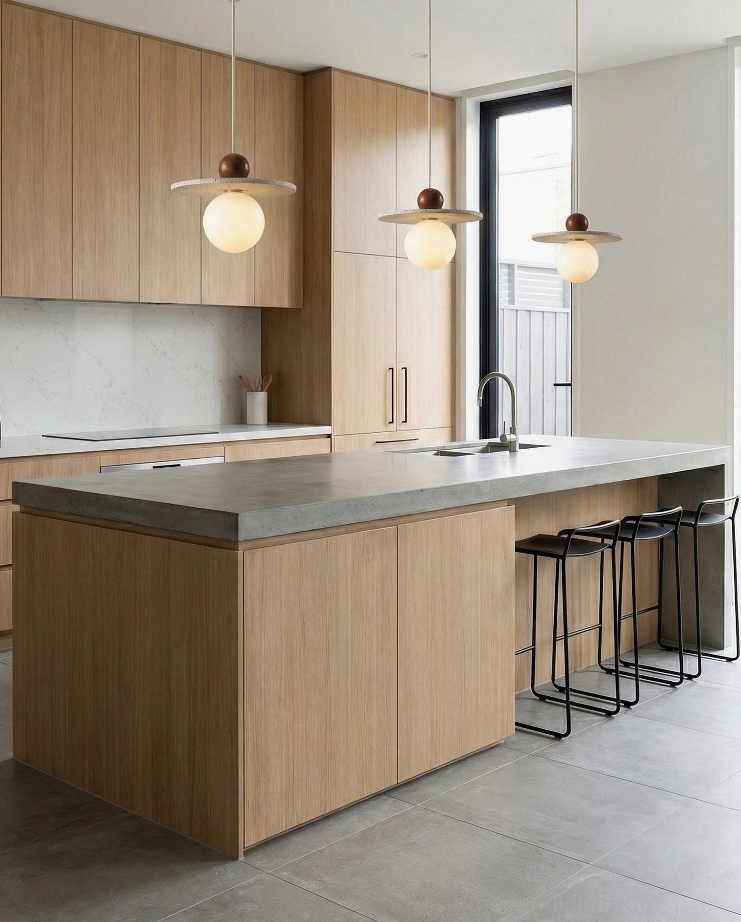 Set of Ora globe pendants in minimalist kitchen with wooden cabinetry
