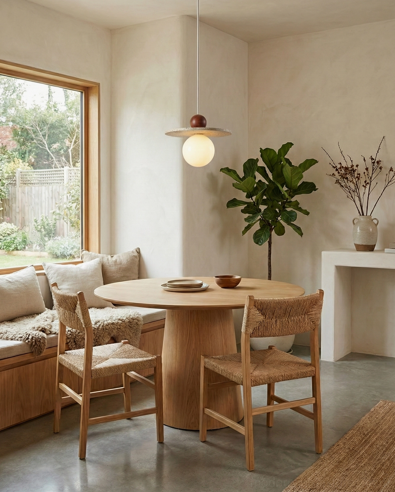 Ora wood and travertine pendant light architectural detail shot