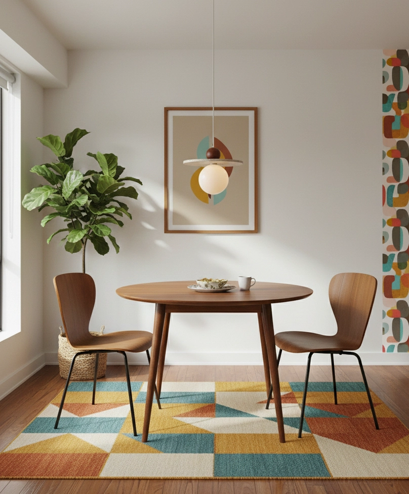 Ora globe pendant lamp in dining room setting with geometric area rug