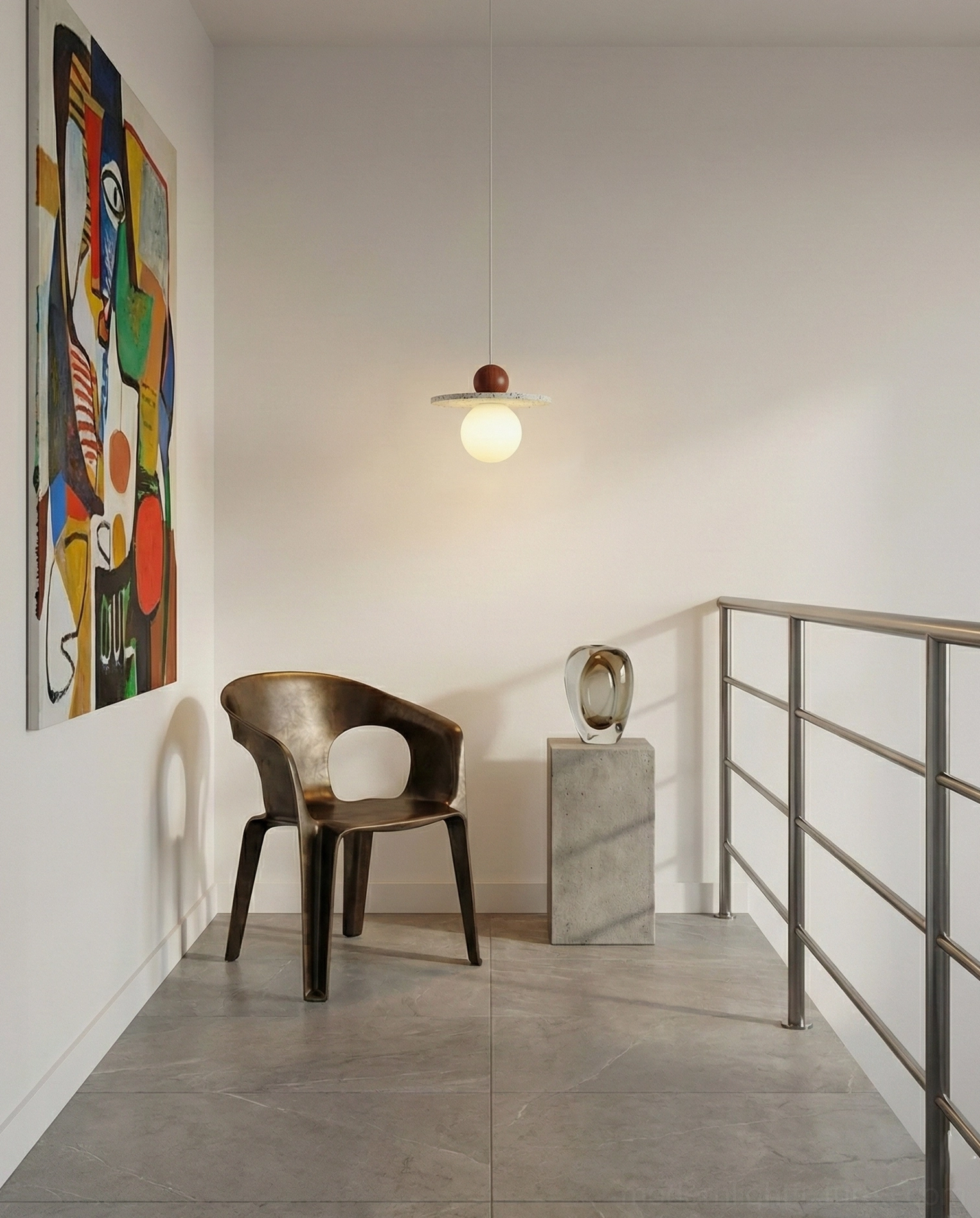 Ora globe pendant lamp textured travertine and wood sphere close-up