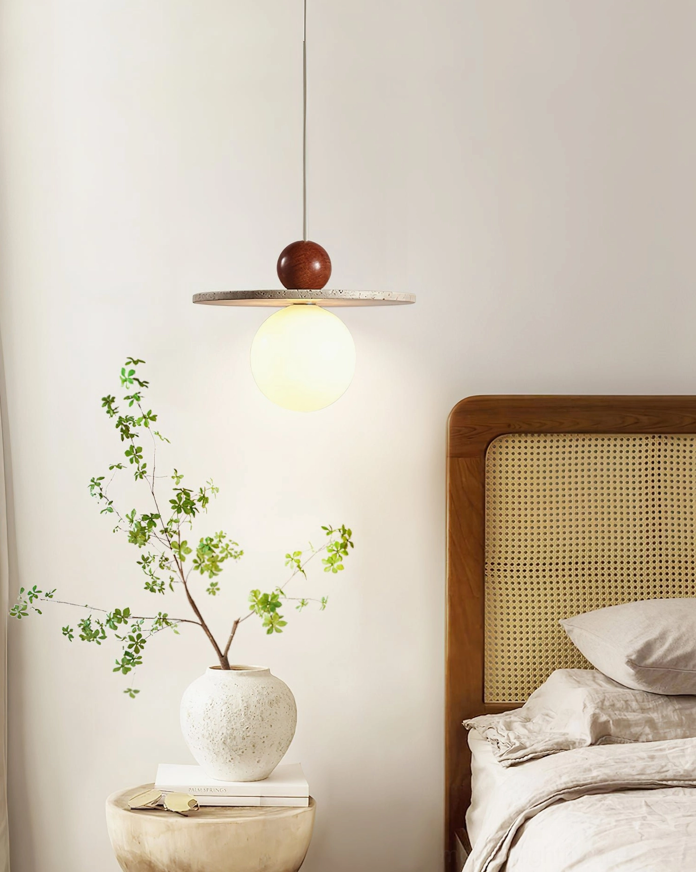 Ora wood sphere pendant fixture with frosted glass globe