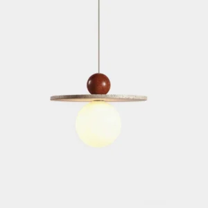 Ora modern pendant light with natural wood sphere and travertine disc - front studio view