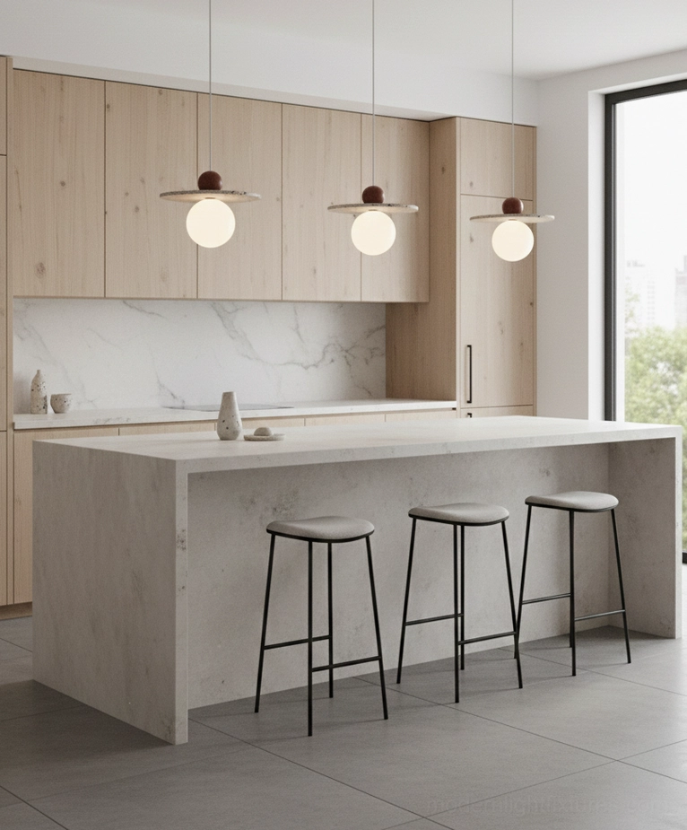 Multiple Ora pendant fixtures over contemporary kitchen island with concrete countertop