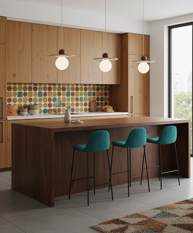 Three Ora pendant lights installed over kitchen island in modern residential space