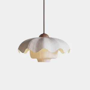 Orabella pleated pendant light with scalloped fabric shade suspended from hanging cord over white studio background