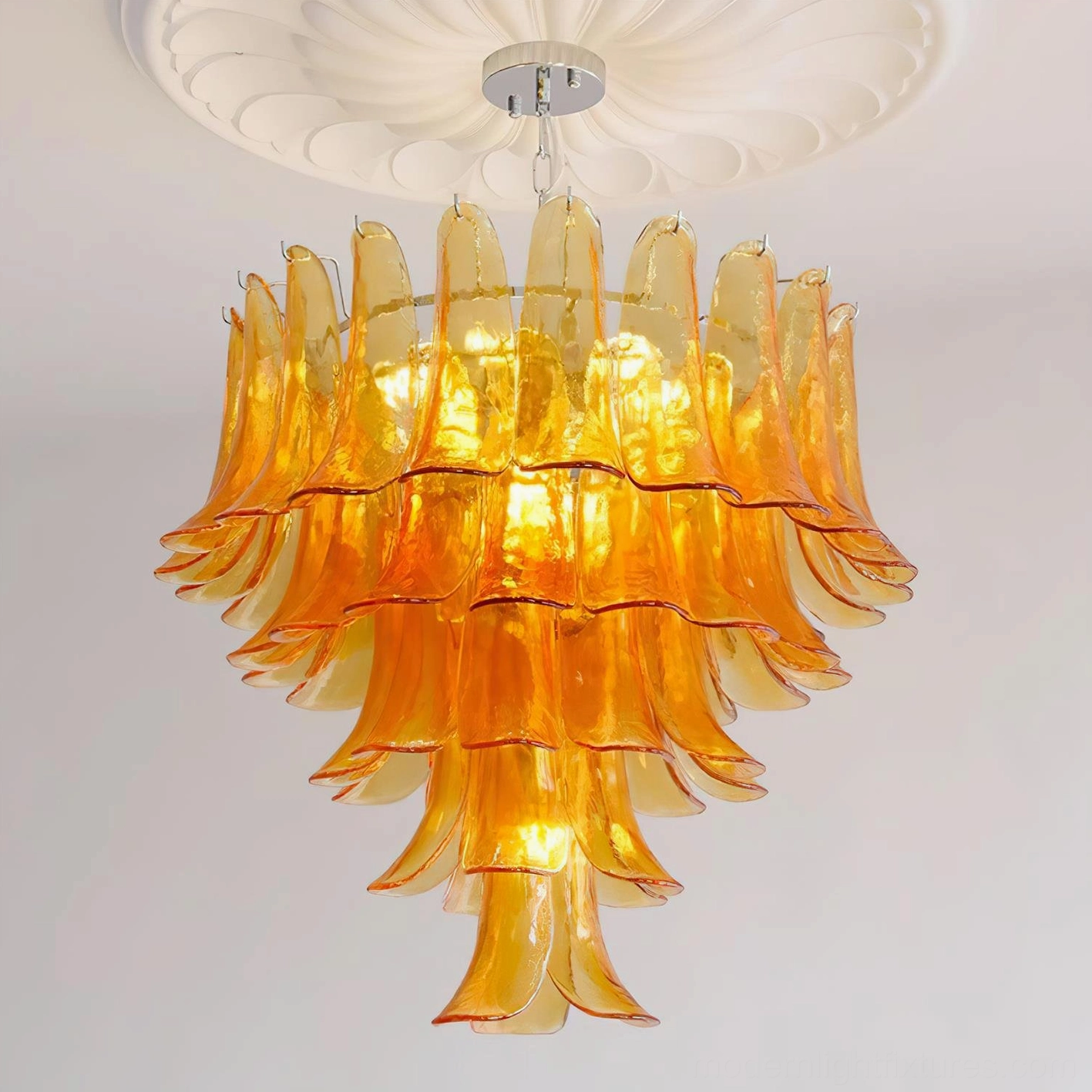 Orange glass petal chandelier 5-layer 68cm bringing warm vibrant color to interior space