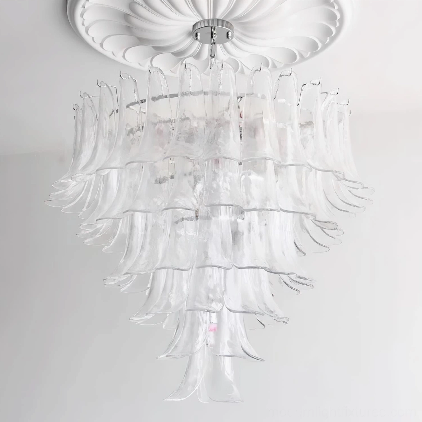Orange glass petal chandelier 6-layer creating bold artistic statement in contemporary interior