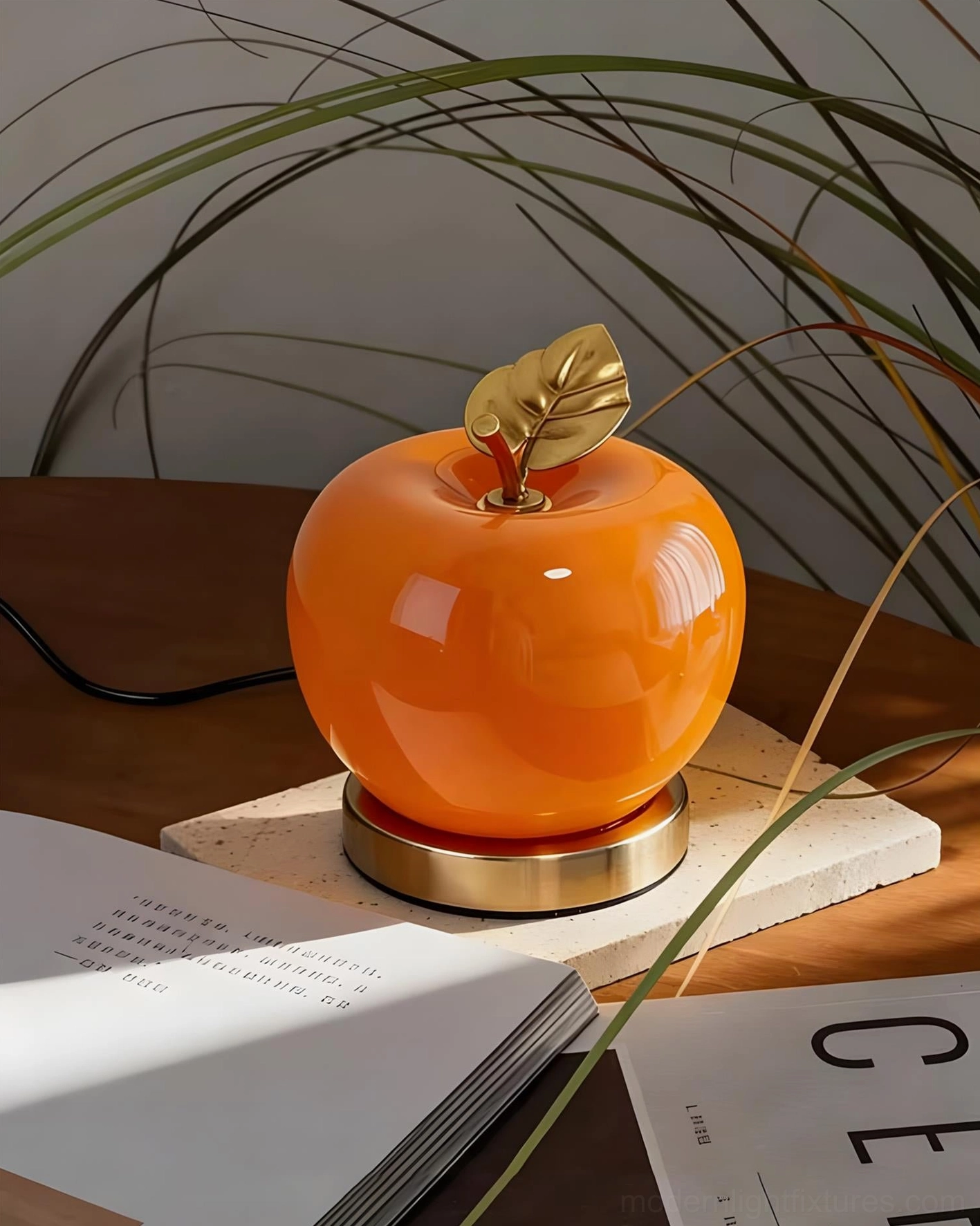 Modern orange apple table lamp on wooden side table surrounded by dried grass and reading materials
