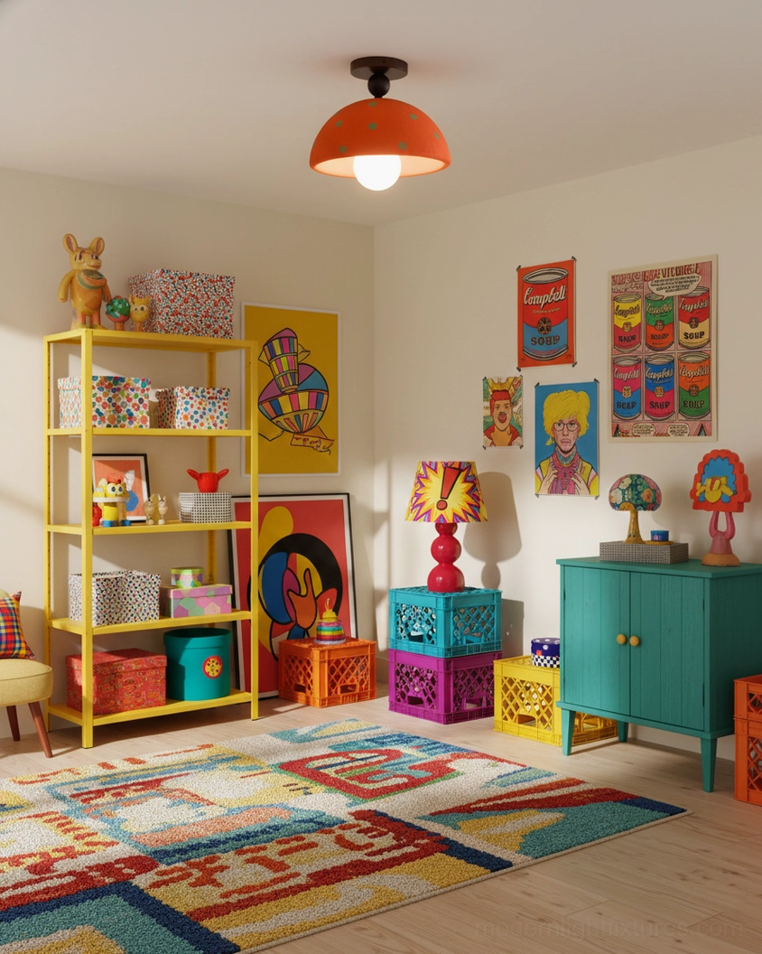 Orange dome ceiling fixture in vibrant colorful kids playroom with complementary décor