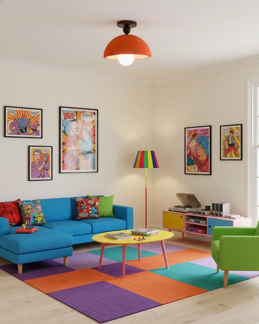 Solid orange dome ceiling light fixture installed in contemporary pop-art living room