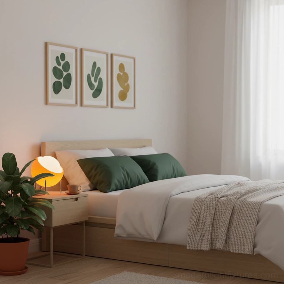 Orange Bauhaus dome table lamp with warm illumination on bedroom nightstand, cozy ambient lighting