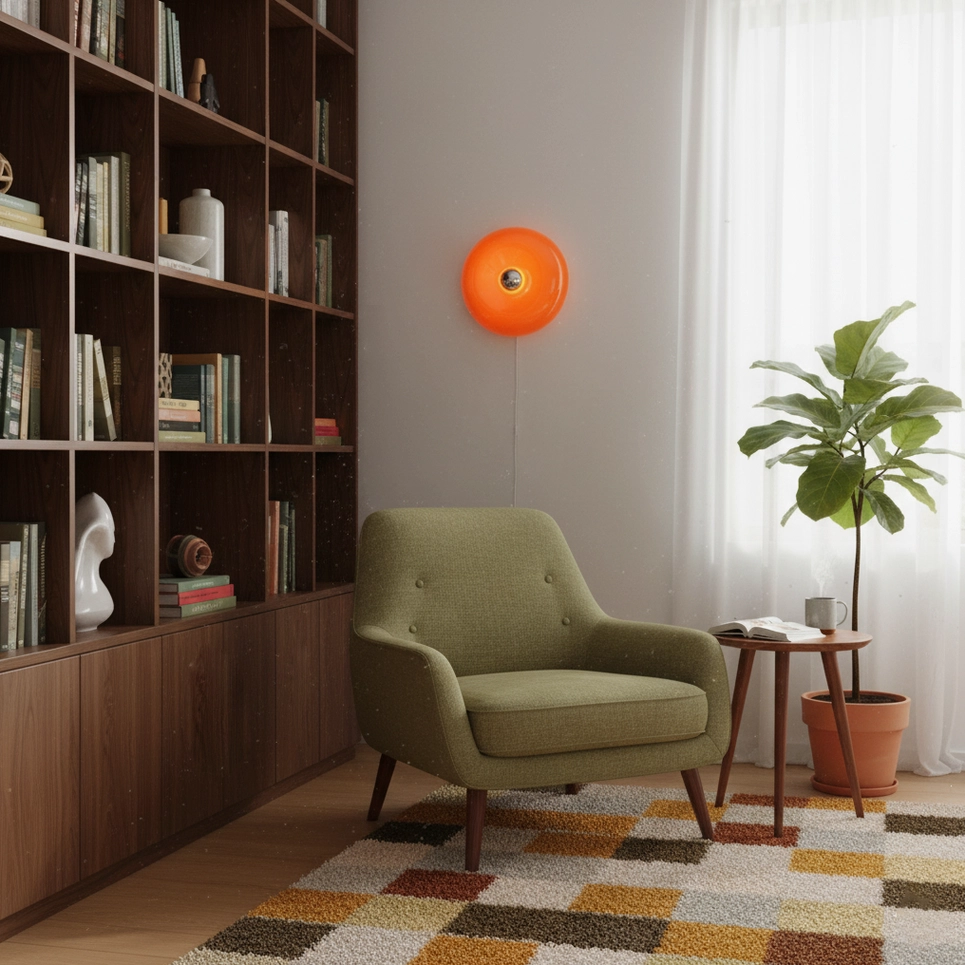 Orange glass donut wall lamp showing sculptural form and warm illumination in studio lighting