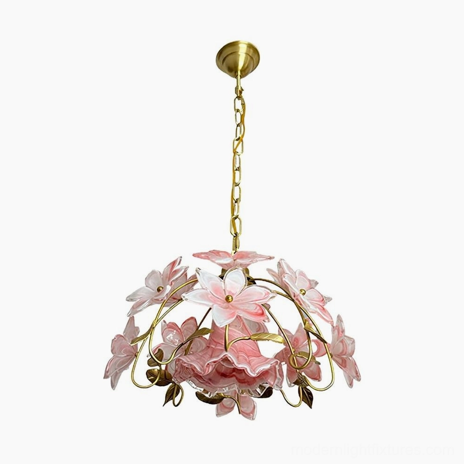 Orange variant floral pendant chandelier with acrylic petals and golden brass frame, close-up studio shot