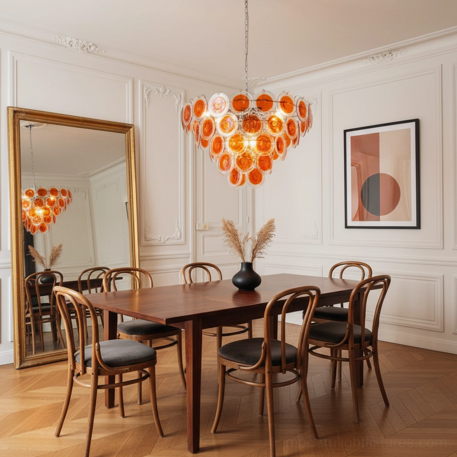 Orange glass disc cluster chandelier warm burnt finish formal dining room installation