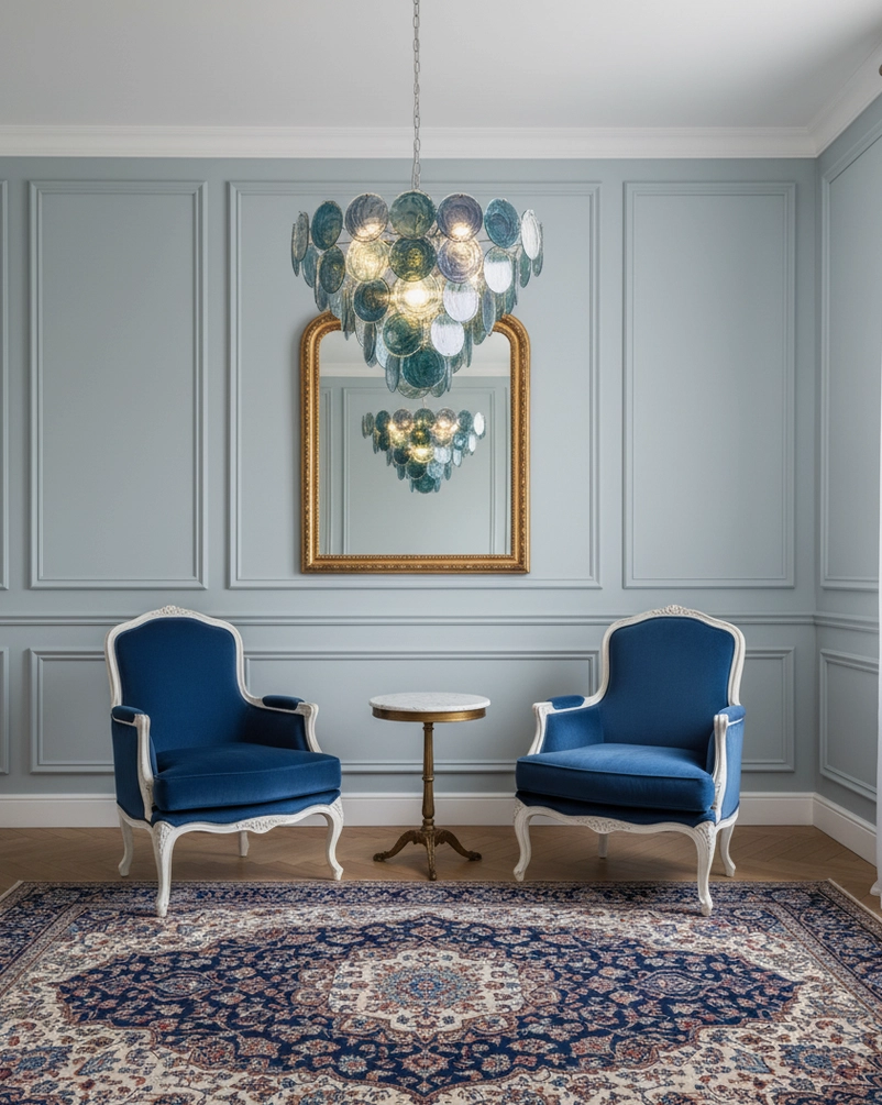 Orange glass disc chandelier French-style entryway foyer above gilded console table