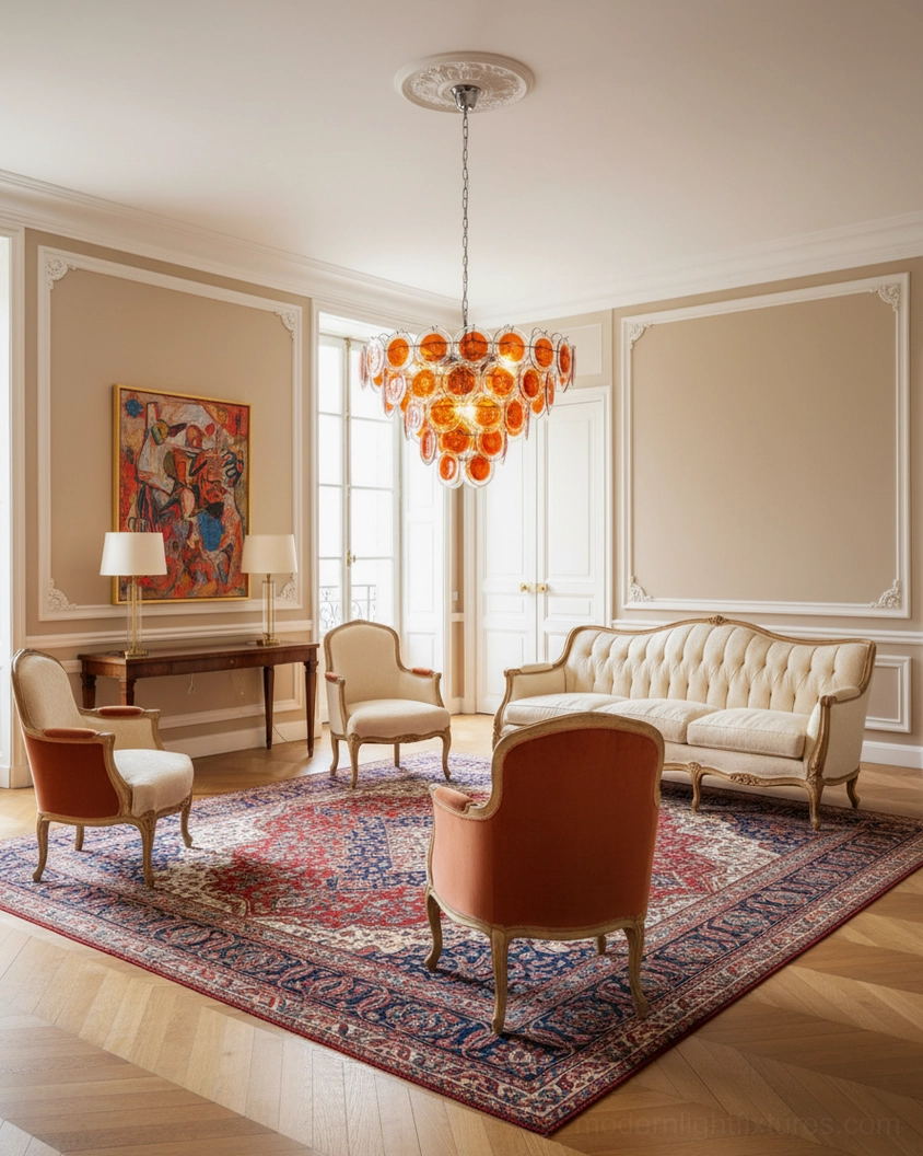 Orange hand-blown glass disc chandelier classic French sitting room luxury vintage lighting
